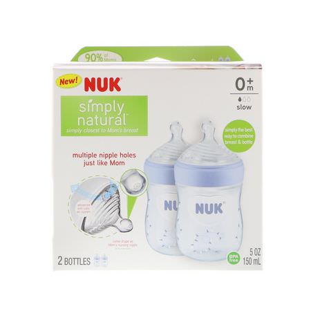 乳頭, 嬰兒奶瓶: NUK, Simply Natural, Bottles, Boy, 0+ Months, Slow, 2 Pack, 5 oz (150 ml) Each