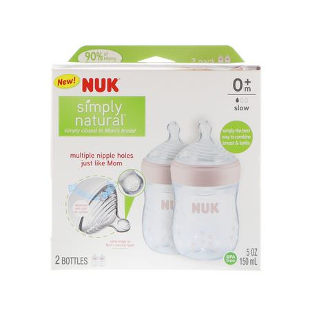 乳頭, 嬰兒奶瓶: NUK, Simply Natural, Bottles, Girl, 0+ Months, Slow, 2 Pack, 5 oz (150 ml) Each