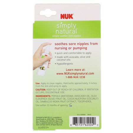 香脂, 乳頭霜: NUK, Simply Natural, Lanolin-Free, Nipple Spray, 1 fl oz (29.5 ml)