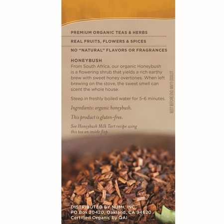 涼茶: Numi Tea, Organic Tea, Herbal Teasan, Honeybush, Caffeine Free, 18 Tea Bags, 1.52 oz (43.2 g)