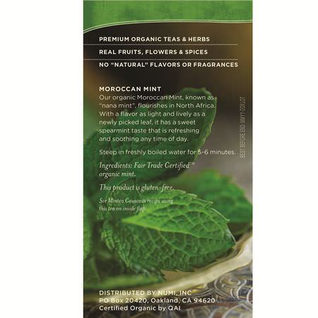 涼茶: Numi Tea, Organic Tea, Herbal Teasan, Moroccan Mint, Caffeine Free, 18 Tea Bags, 1.40 oz (39.6 g)