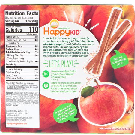 手指食品, 酒吧: Happy Family Organics, Happy Kid, Apple + Cinnamon, Fruit & Oat Bar, 5 Bars, 0.99 oz (28 g) Each