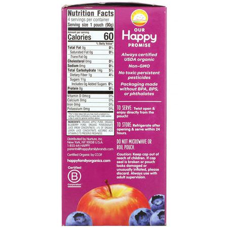 膳食, 果泥: Happy Family Organics, Happy Kid, Organic Apple, Blueberry & Pomegranate, 4 Pouches, 3.17 oz (90 g) Each