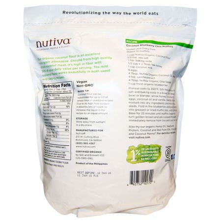 椰子粉, 混合物: Nutiva, Organic, Coconut Flour, Gluten Free, 3 lb (1.36 kg)