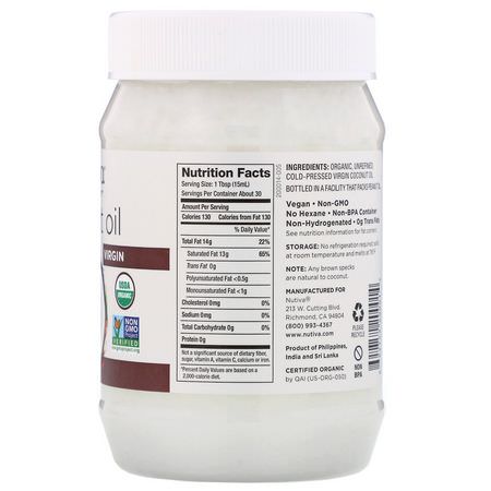 椰子油, 椰子補品: Nutiva, Organic Coconut Oil, Virgin, 15 fl oz (444 ml)