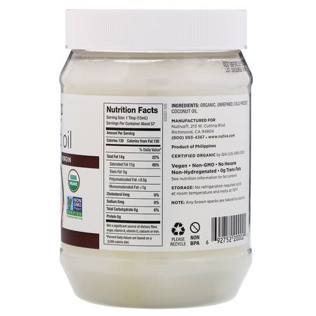 椰子油, 椰子補品: Nutiva, Organic Coconut Oil, Virgin, 29 fl oz (858 ml)