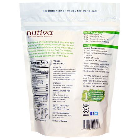 大麻種子: Nutiva, Organic Hemp Seed Raw Shelled, 12 oz (340 g)