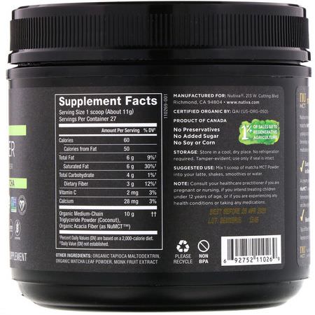 益生元纖維菊粉, 纖維: Nutiva, Organic MCT Powder, Matcha, 10.6 oz (300 g)