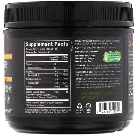 益生元纖維菊粉, 纖維: Nutiva, Organic MCT Powder, Vanilla, 10.6 oz (300 g)