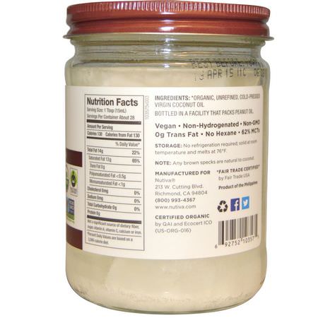椰子油, 椰子補品: Nutiva, Organic Coconut Oil, Virgin, 14 fl oz (414 ml)