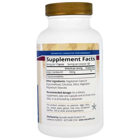 乙酰左旋肉鹼, 氨基酸: NutraLife, Acetyl L-Carnitine HCI, 500 mg, 120 Capsules