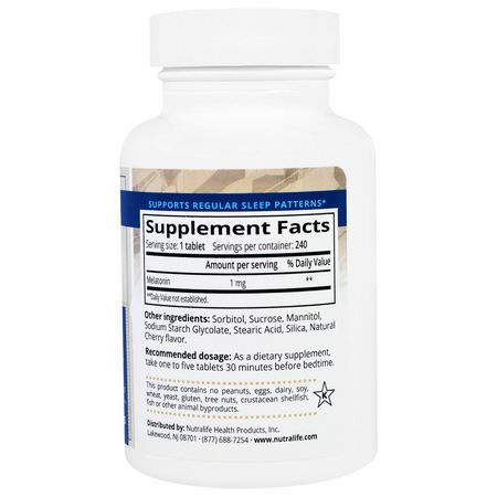 褪黑激素, 睡眠: NutraLife, Melatonin, 1 mg, 240 Easy Chew Tablets