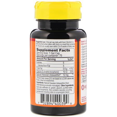 蝦青素, 抗氧化劑: Nutrex Hawaii, BioAstin, Hawaiian Astaxanthin, 12 mg, 75 Gel Caps