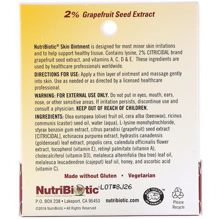 皮膚治療, 藥膏: NutriBiotic, Skin Ointment, 2% Grapefruit Seed Extract with Lysine, .5 fl oz (15 ml)