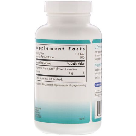 左旋肉鹼, 氨基酸: Nutricology, L-Carnitine, 1000 mg, 100 Vegetarian Tablets
