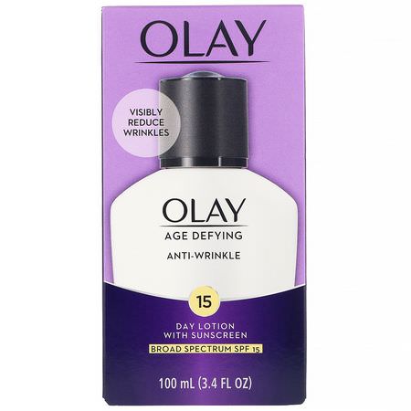 面部防曬霜, 防曬霜: Olay, Age Defying, Anti-Wrinkle, Day Lotion with Sunscreen, SPF 15, 3.4 fl oz (100 ml)