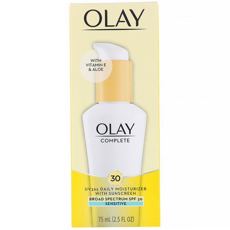 面部防曬霜, 防曬霜: Olay, Complete, UV365 Daily Moisturizer, SPF 30, Sensitive, 2.5 fl oz (75 ml)