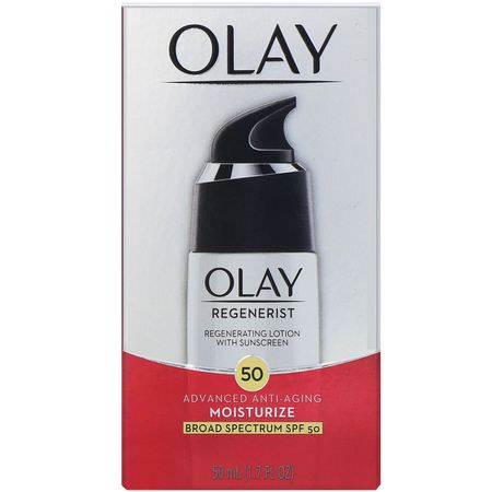 面部保濕霜, 護膚: Olay, Regenerist, Regenerating Lotion with Sunscreen, SPF 50, 1.7 fl oz (50 ml)