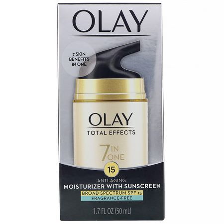 面部防曬霜, 防曬霜: Olay, Total Effects, 7-in-One Anti-Aging Moisturizer with Sunscreen, SPF 15, Fragrance-Free, 1.7 fl oz (50 ml)