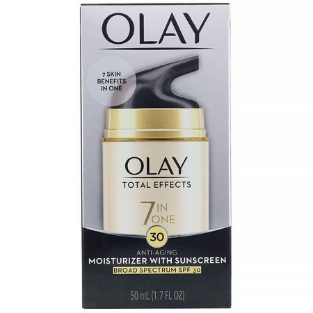 面部防曬霜, 防曬霜: Olay, Total Effects, 7-in-One Anti-Aging Moisturizer with Sunscreen, SPF 30, 1.7 fl oz (50 ml)