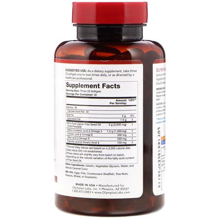 亞麻籽補品, 歐米茄EPA DHA: Olympian Labs, Flax Seed Oil, 3,000 mg, 90 Softgels