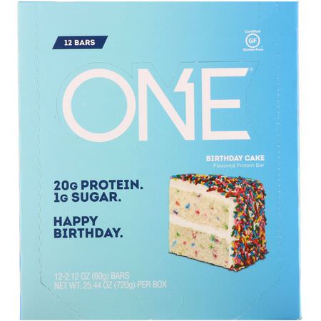 牛奶蛋白棒, 乳清蛋白棒: One Brands, One Bar, Birthday Cake, 12 Bars, 2.12 oz (60 g) Each