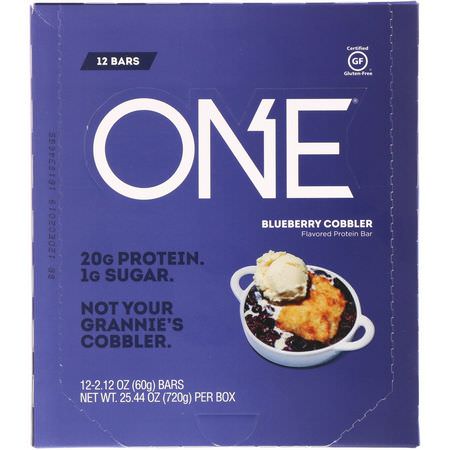 牛奶蛋白棒, 乳清蛋白棒: One Brands, One Bar, Blueberry Cobbler, 12 Bars, 2.12 oz (60 g) Each