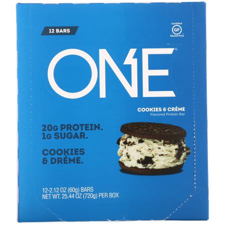 牛奶蛋白棒, 乳清蛋白棒: One Brands, One Bar, Cookies & Cream, 12 Bars, 2.12 oz (60 g) Each