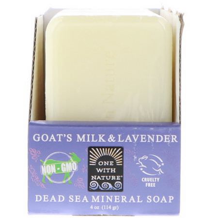 肥皂, 淋浴: One with Nature, Dead Sea Mineral Soap, Goat's Milk & Lavender, 6 Bars, 4 oz (114 g) Each