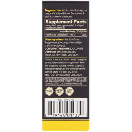 D3膽鈣化固醇, 維生素D: Onnit, Vitamin D3 Spray, Unflavored, 1000 IU, 0.8 fl oz (24 ml)