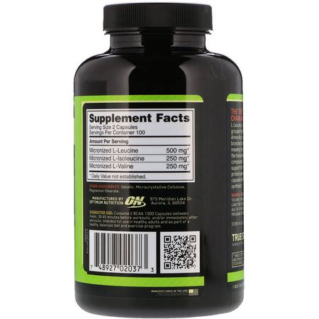 BCAA, 氨基酸: Optimum Nutrition, BCAA 1000 Caps, Mega-Size, 1 g, 200 Capsules