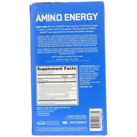 BCAA, 氨基酸: Optimum Nutrition, Essential Amin.O. Energy, Blue Raspberry, 6 Stick Packets, 0.31 oz (9 g) Each