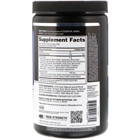 咖啡因, 興奮劑: Optimum Nutrition, Essential Amin.O. Energy, Blue Raspberry, 9.5 oz (270 g)