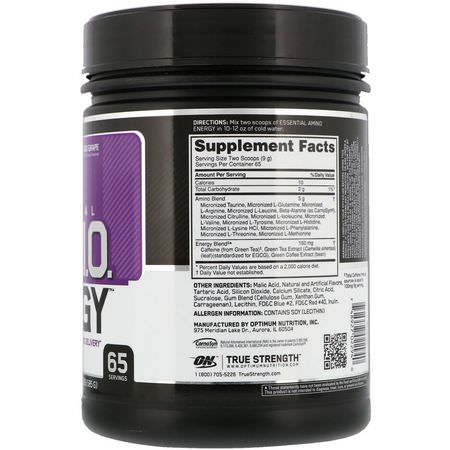 咖啡因, 興奮劑: Optimum Nutrition, Essential Amin.O. Energy, Concord Grape, 1.29 lbs (585 g)