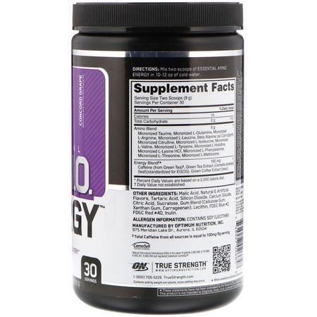 咖啡因, 興奮劑: Optimum Nutrition, Essential Amin.O. Energy, Concord Grape, 9.5 oz (270 g)