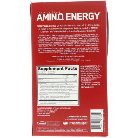 BCAA, 氨基酸: Optimum Nutrition, Essential Amin.O. Energy, Fruit Fusion, 6 Stick Packs, .31 oz (9 g) Each
