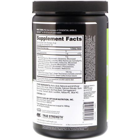 咖啡因, 興奮劑: Optimum Nutrition, Essential Amin.O. Energy, Green Apple, 9.5 oz (270 g)