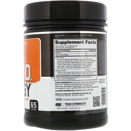 咖啡因, 興奮劑: Optimum Nutrition, Essential Amin.O. Energy, Orange Cooler, 1.29 lbs (585 g)
