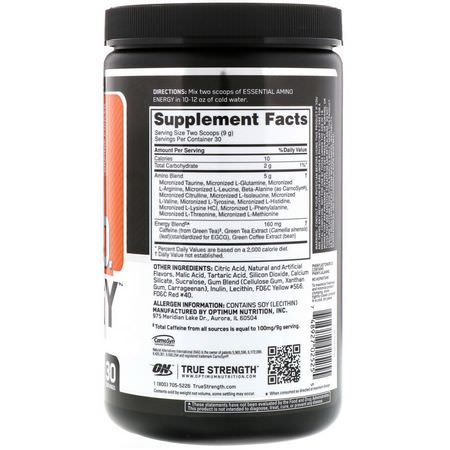 咖啡因, 興奮劑: Optimum Nutrition, Essential Amin.O. Energy, Orange Cooler, 9.5 oz (270 g)