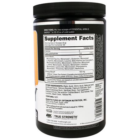 咖啡因, 興奮劑: Optimum Nutrition, Essential Amin.O. Energy, Peach Lemonade, 9.5 oz (270 g)