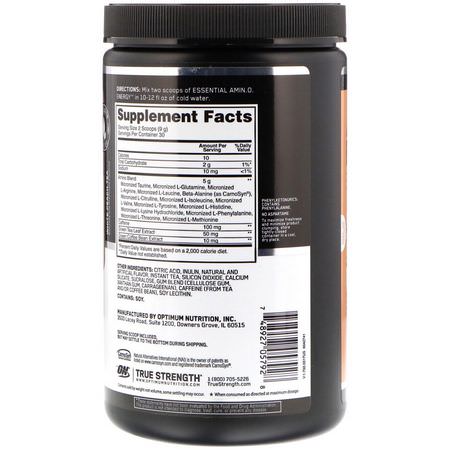 咖啡因, 興奮劑: Optimum Nutrition, Essential Amin.O. Energy, White Peach Tea, 9.5 oz (270 g)