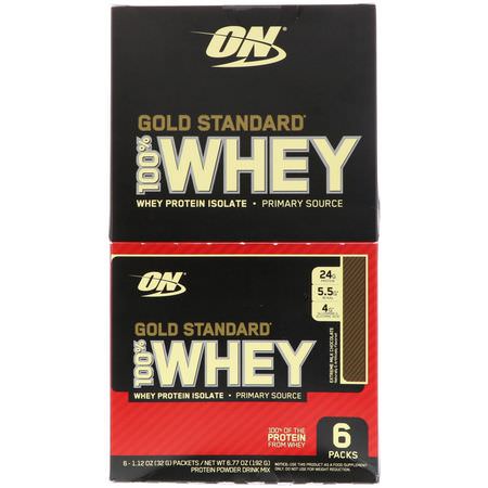 乳清蛋白, 運動營養: Optimum Nutrition, Gold Standard 100% Whey, Extreme Milk Chocolate, 6 Packs, 1.12 oz (32 g) Each
