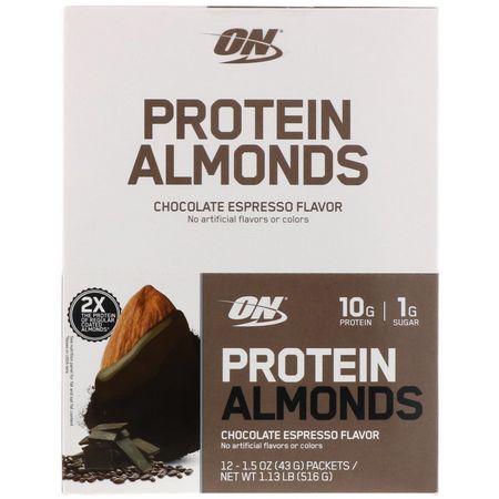 杏仁, 種子: Optimum Nutrition, Protein Almonds, Chocolate Espresso, 12 Packets, 1.5 oz (43 g) Each