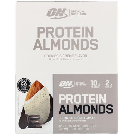 杏仁, 種子: Optimum Nutrition, Protein Almonds, Cookies & Creme, 12 Packets, 1.5 oz (43 g) Each