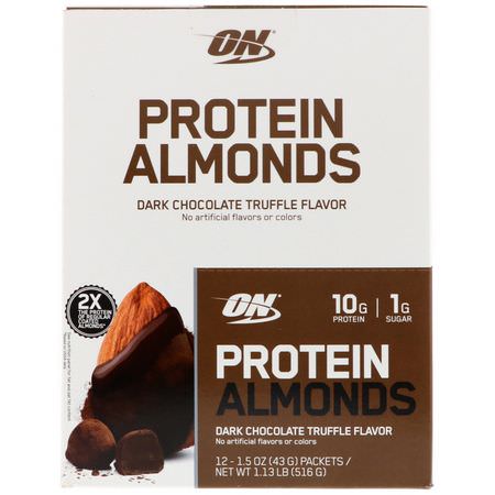 杏仁, 種子: Optimum Nutrition, Protein Almonds, Dark Chocolate Truffle, 12 Packets, 1.5 oz (43 g) Each
