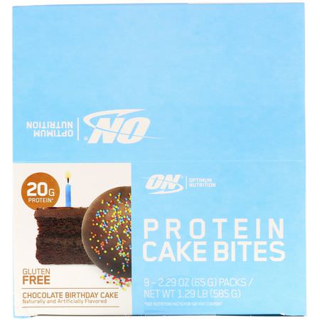 蛋白蛋糕叮咬, 蛋白質小吃: Optimum Nutrition, Protein Cake Bites, Chocolate Birthday Cake, 9 Bars, 2.29 oz (65 g) Each