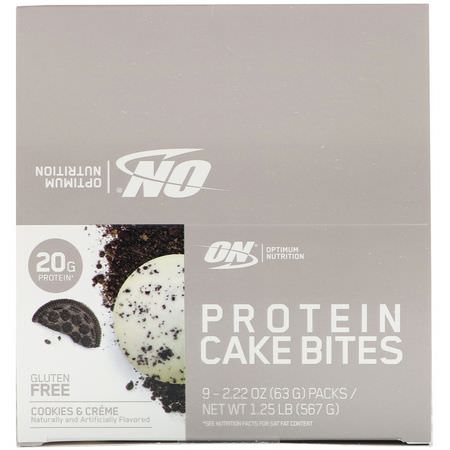 蛋白蛋糕叮咬, 蛋白質小吃: Optimum Nutrition, Protein Cake Bites, Cookies & Creme, 9 Bars, 2.22 oz (63 g) Each
