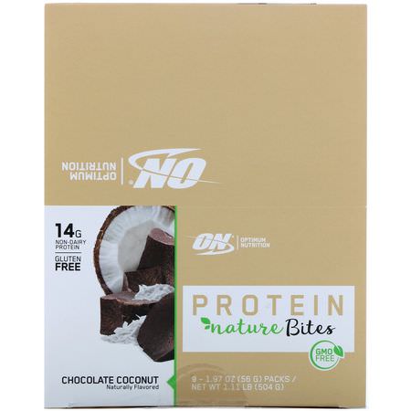 蛋白質餅乾, 蛋白質小吃: Optimum Nutrition, Protein Nature Bites, Chocolate Coconut, 9 Packs, 1.97 oz (56 g) Each