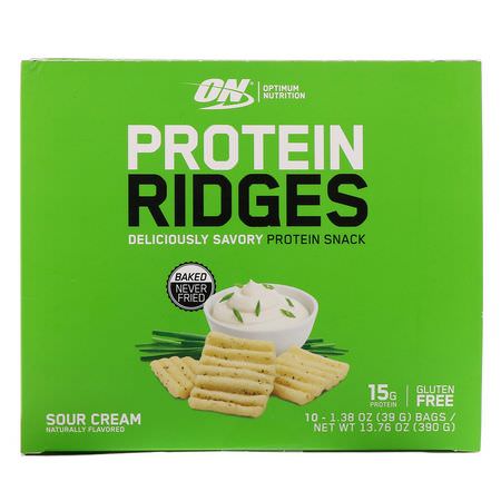 小吃, 蛋白質小吃: Optimum Nutrition, Protein Ridges, Sour Cream, 10 Bags, 1.38 oz (39 g) Each