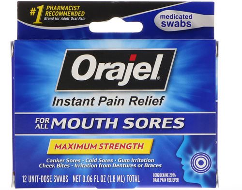 Orajel, Instant Pain Relief for All Mouth Sores, Maximum Strength, 12 Swabs, 0.06 fl oz (1.8 ml) Review